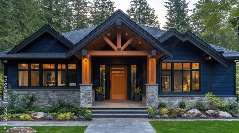 Elegant wooden home nestled among lush greenery with modern design and inviting entrance at twilight Elegant wooden home nestled among lush greenery with modern design and inviting entrance at twilight