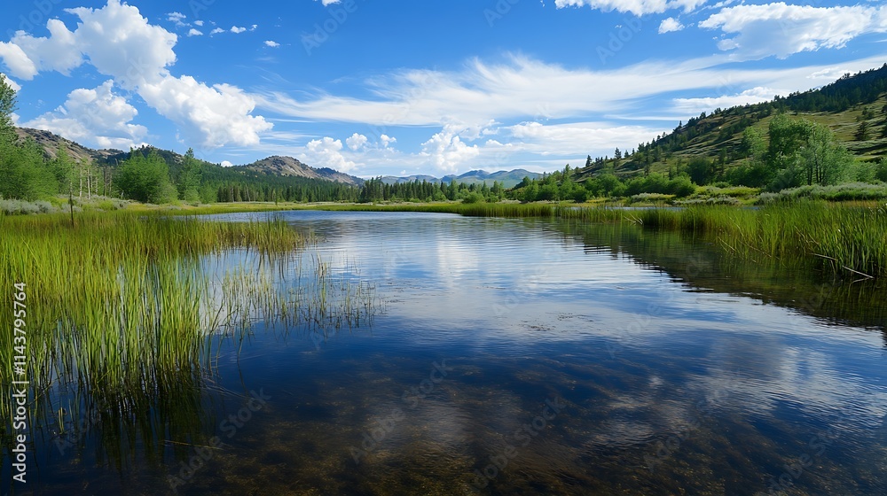 Serene Mountain Lake Landscape. Tranquil Nature Scene. Serene Mountain Lake Landscape. Tranquil Nature Scene.