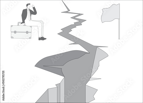 Businessman sitting on the edge of a cliff thinking how to get to the other side of the cliff