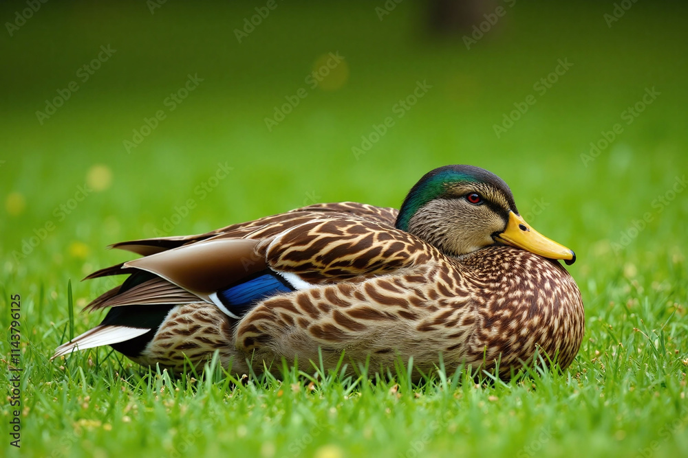 Duck resting on lush green grassy area Duck resting on lush green grassy area