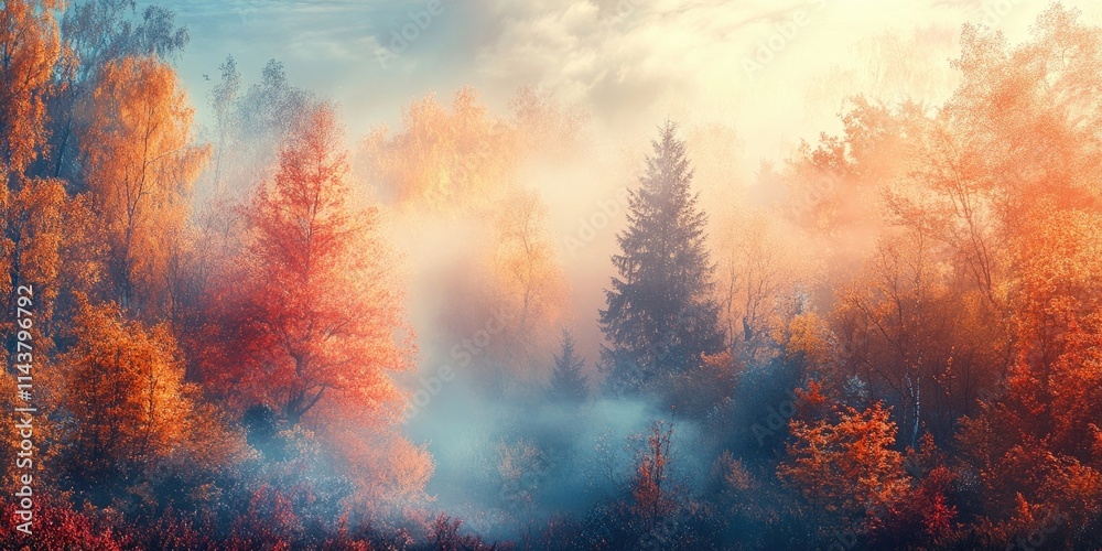Misty autumn forest enveloped in morning light creates a serene atmosphere. The misty autumn forest showcases vibrant colors, inviting exploration of nature s beauty in the tranquil setting. Misty autumn forest enveloped in morning light creates a serene atmosphere. The misty autumn forest showcases vibrant colors, inviting exploration of nature s beauty in the tranquil setting.
