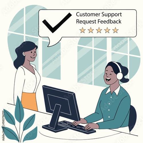 Customer Support Close Ticket and Request Feedback Vector Illustration