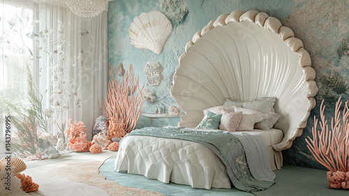 A girl's room with a mermaid theme, featuring a seashell-shaped bed, a coral reef wall mural, and soft oceanic colors. Serene and magical