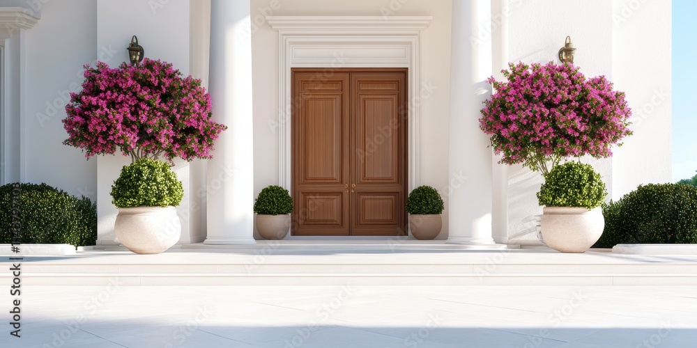 Fototapeta premium Elegant grand entryway of a sophisticated mansion featuring stunning double doors and luxurious architectural details.