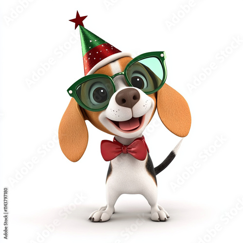 Cute beagle dog wearing festive hat and glasses, celebrating Christmas joyfully. Perfect for holiday themes and pet related content photo