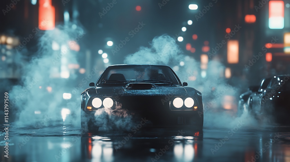 Sleek classic car on a rainy city street at night, emitting steam. Sleek classic car on a rainy city street at night, emitting steam.
