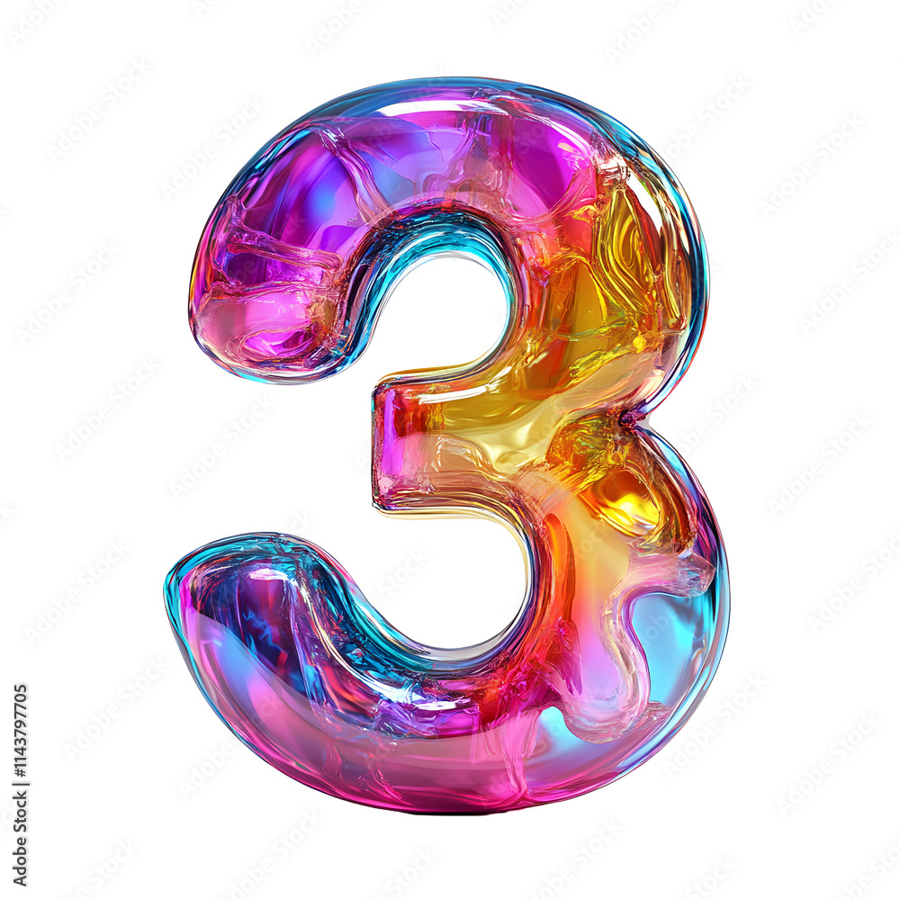 Colorful Number Three, Vibrant Glass, Transparent Background Colorful Number Three, Vibrant Glass, Transparent Background