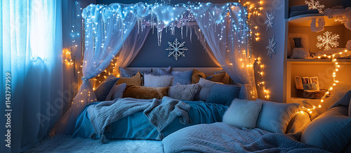 A girl's room with a winter wonderland theme, featuring a bed with a snowflake canopy, icicle lights, and a cozy reading nook with plush blankets. Frosty and warm