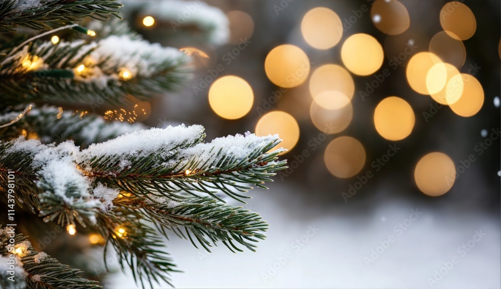 Snowy Pine Branches with Bokeh Lights: A Captivating Winter Wonderland Scene Snowy Pine Branches with Bokeh Lights: A Captivating Winter Wonderland Scene