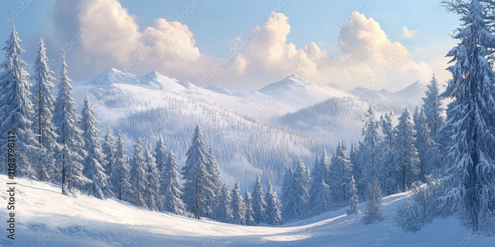Obraz premium Snow covered hills create a stunning winter landscape adorned with a serene forest, showcasing the beauty of winter landscapes filled with snow and tranquility.