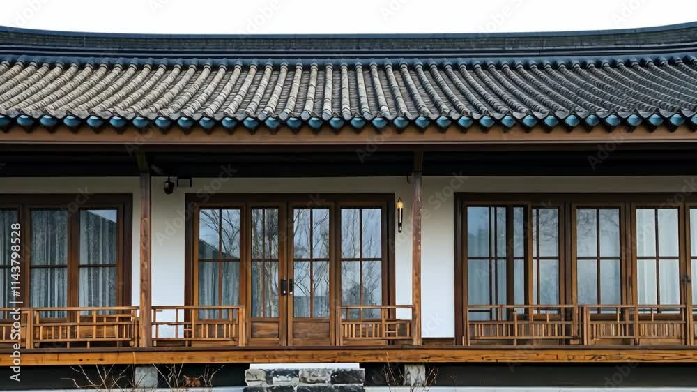 Traditional architecture with wooden details and a serene mountain backdrop during the early morning hours Traditional architecture with wooden details and a serene mountain backdrop during the early morning hours