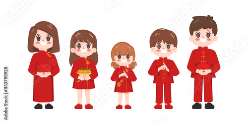 Set of cute cartoon chinese family isolated on white background. Chinese new year character in flat vector design. Father, mother, brother and sister.