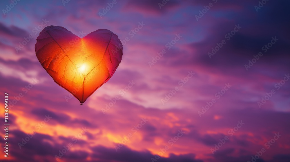 Fototapeta premium A heart-shaped leaf illuminated by sunlight against a colorful sunset sky.