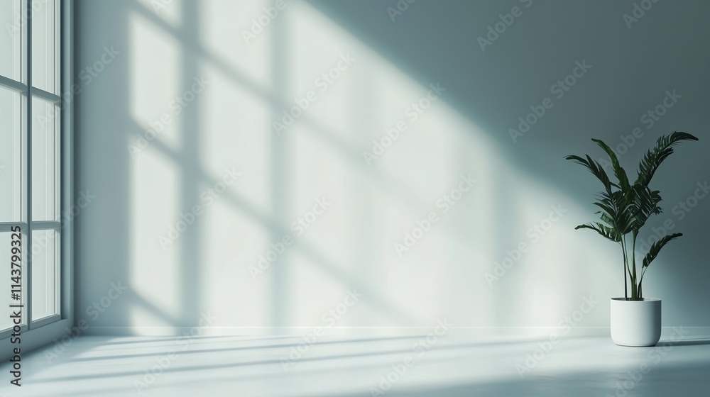 Fototapeta premium Bright and minimalistic interior with soft shadows and a potted plant near a large window