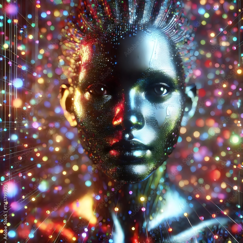 Abstract 3D render of a holographic human face in a wall made of iridescent material. Concept of artificial intelligence Abstract 3D render of a holographic human face in a wall made of iridescent material. Concept of artificial intelligence