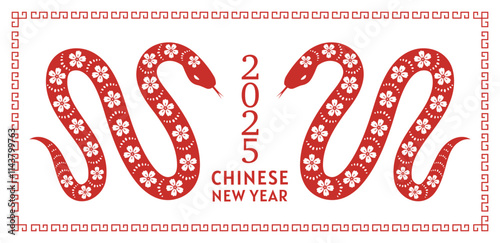 Chinese new year 2025 year of the Snake. Hand drawn vector background with snake.