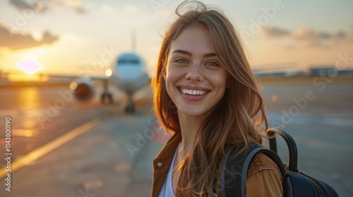 Smiling woman at airport with plane. photo