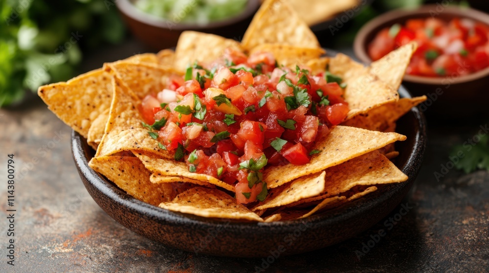 Delicious crispy tortilla chips topped with fresh salsa and herbs for a vibrant snack experience Delicious crispy tortilla chips topped with fresh salsa and herbs for a vibrant snack experience