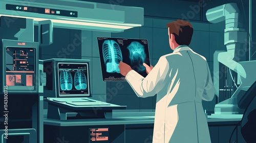 A doctor examining a patient in X-ray in a high-tech diagnostic center.