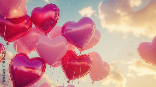 A cluster of colorful heart-shaped balloons floating against a blue sky with clouds.