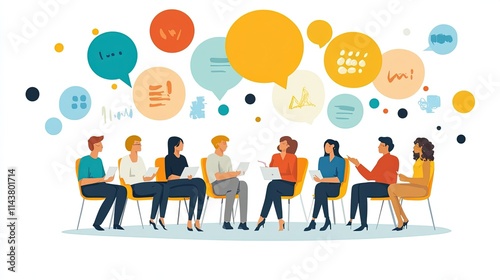 A flat vector of a public forum where community members discuss ways to create a more inclusive society.