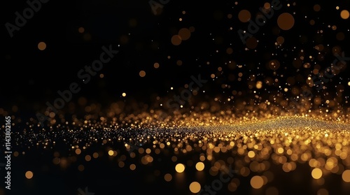Sparkling gold particles and bokeh lights on a dark background. Luxurious glowing texture for festive or elegant designs. Copy space