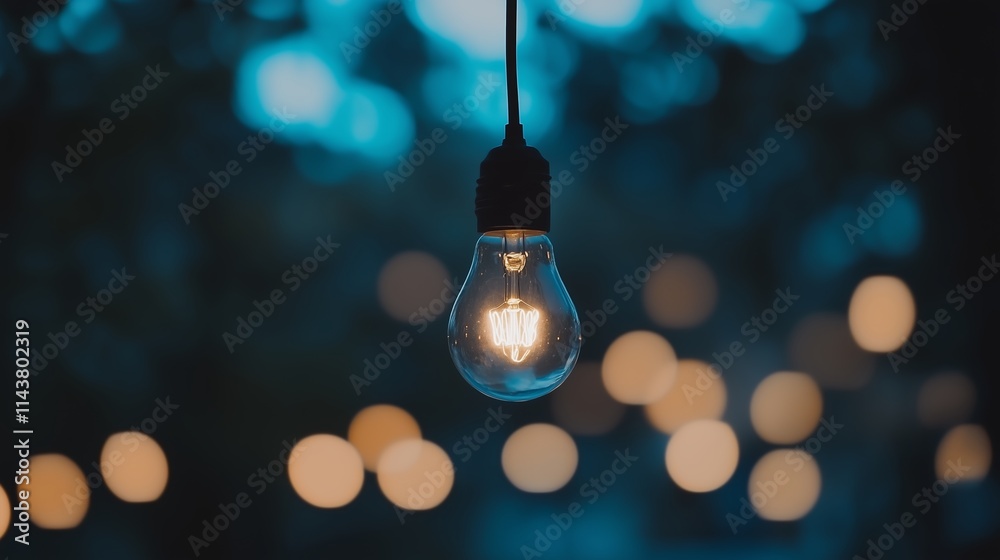 Warm glowing light bulb hanging amidst blurred color lights in a charming outdoor setting at dusk Warm glowing light bulb hanging amidst blurred color lights in a charming outdoor setting at dusk