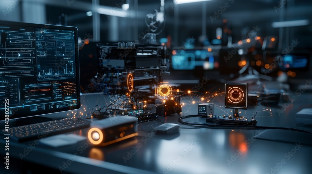 Futuristic workspace with glowing iot sensors modern office digital art tech environment close-up innovation concept Futuristic workspace with glowing iot sensors modern office digital art tech environment close-up innovation concept