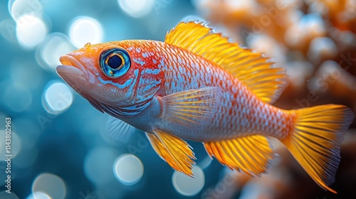 Vibrant orange and white fish swimming in blue water. photo