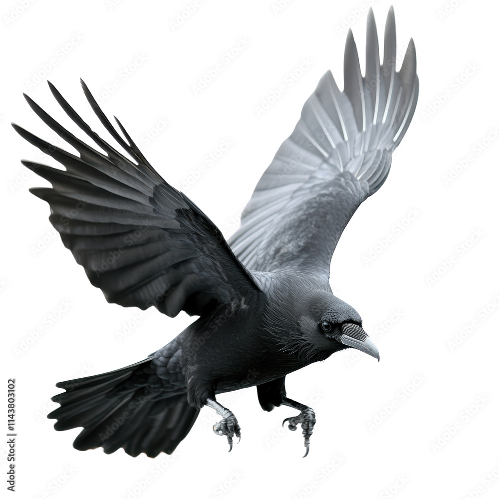 Fototapeta premium A dark, majestic bird with outstretched wings and detailed feathers, poised in mid-flight, showcasing its impressive anatomy.