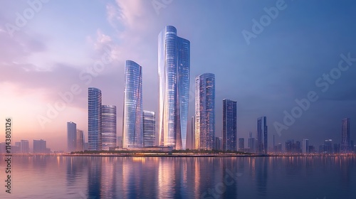 Modern skyscrapers at sunset urban cityscape architecture serenity