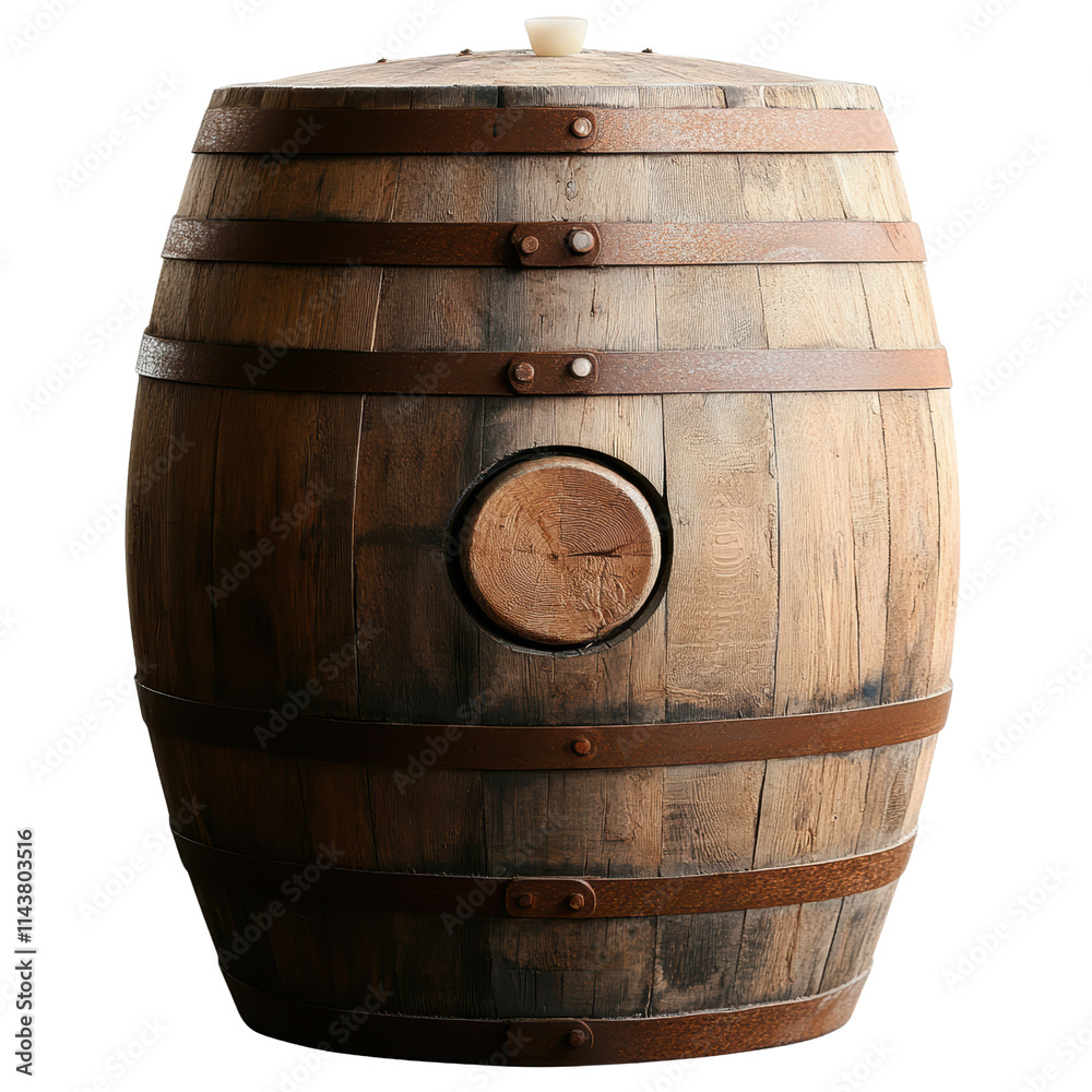 Fototapeta premium A rustic wooden barrel with metal bands, featuring a circular tap hole and a flat lid.