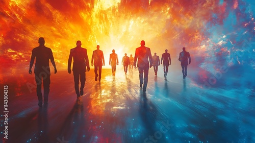 Epic journey of figures surreal space digital artwork vibrant colors