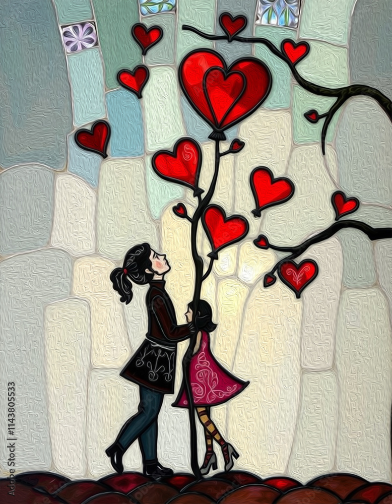 Fototapeta premium Valentine's Day card design. Illustration with oil paint. Pattern for printing on wall decorations, covers, wallpapers