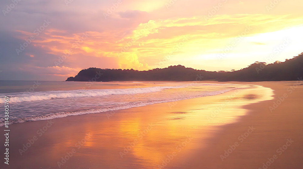 Golden Hour Beachscape: A serene and captivating seascape unfolds as the sun sets, casting a golden glow over the tranquil waters and sandy shores. The sky above is a canvas of vibrant hues. Golden Hour Beachscape: A serene and captivating seascape unfolds as the sun sets, casting a golden glow over the tranquil waters and sandy shores. The sky above is a canvas of vibrant hues.