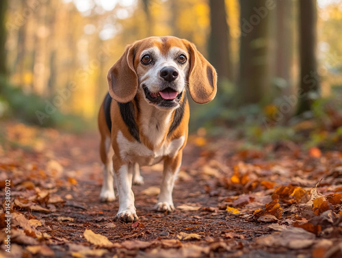 Beagle exploring a forest trail with autumn leaves