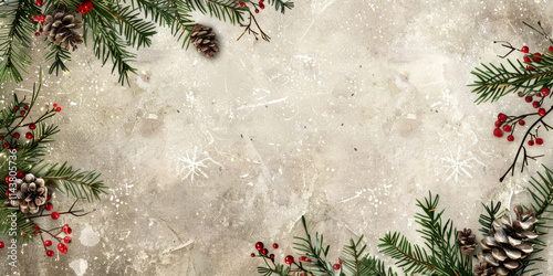 Christmas greeting card with fir branches, cones, and snowflakes, featuring a festive holiday design and green pine decorations,Generated By Ai