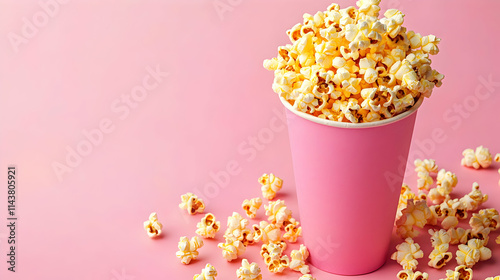 Buttery Popcorn in Pink Cup Spilled on Pink Background, Delicious Snack photo