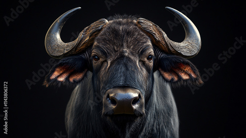 Black buffalo, frontal view, powerful horns, dramatic contrast 32k, full ultra hd, high resolution photo