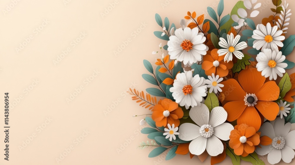 Fototapeta premium Vibrant Orange and White Floral Bouquet Arrangement with Daisies and Marigolds on Soft Pastel Background Beautiful Seasonal Flowers in Organic Botanical Design
