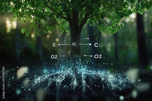 A dynamic visual of a tree surrounded by letters 