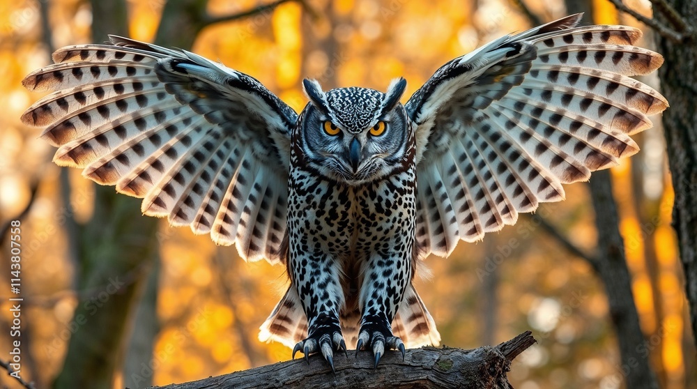 Obraz premium Precise architectural color photography in warm golden hour light. Full body photo of a panther-owl hybrid. Black and white fur with grey undertones, white owl feathers, yellow eyes, sharp claws, prom