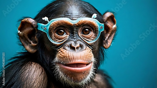 Adorable Chimpanzee Wearing Quirky Glasses Against a Teal Background A Captivating Portrait of a Young Primate