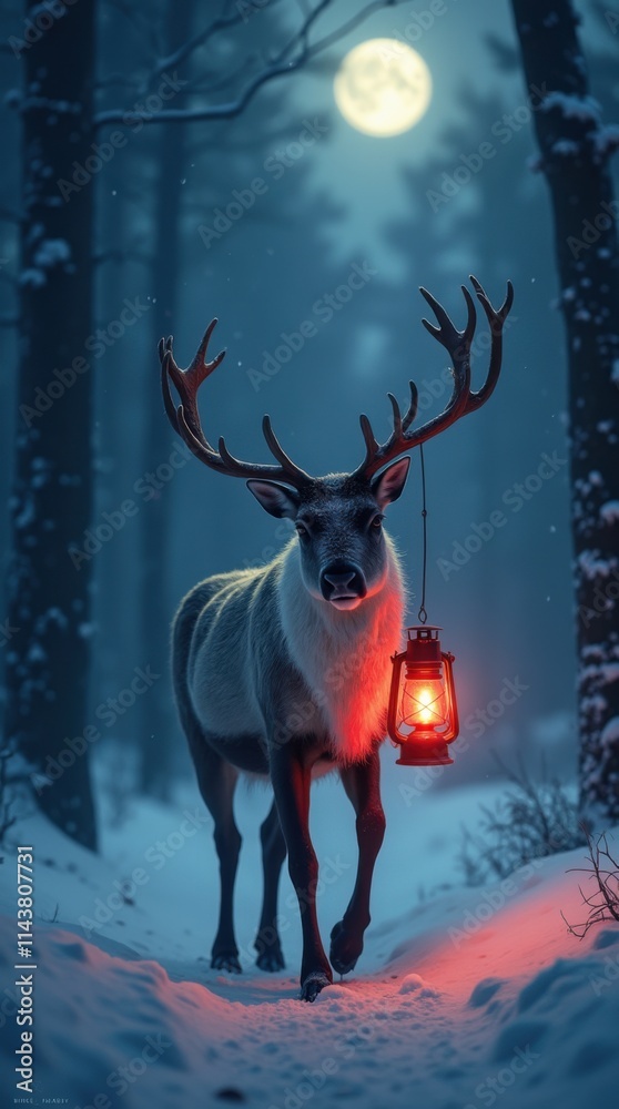 Reindeer with Glowing Lantern in Snowy Forest