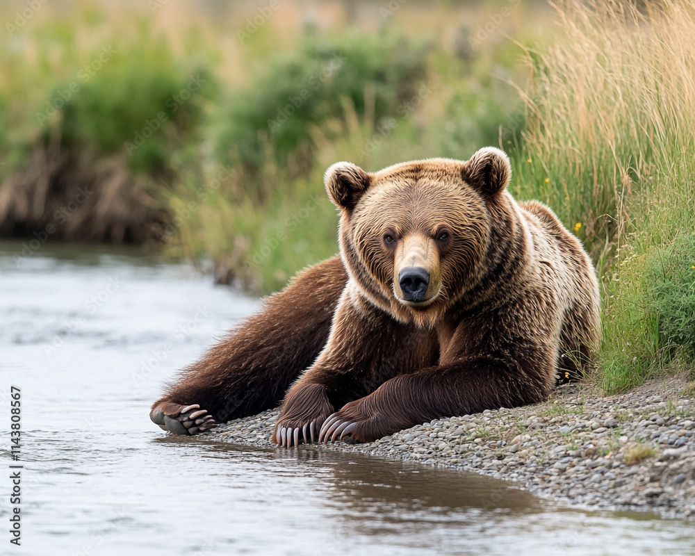 Brown bear resting by a tranquil river Brown bear resting by a tranquil river