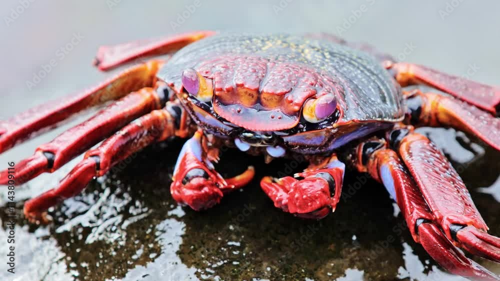 Vivid Sally Lightfoot Crab Feeding - Detailed Telephoto Shot on Tropical Coast Vivid Sally Lightfoot Crab Feeding - Detailed Telephoto Shot on Tropical Coast