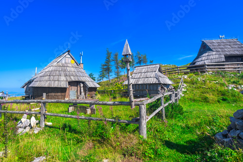 Traditional wooden houses overlooking logarska dolina valley in slovenia in summer photo