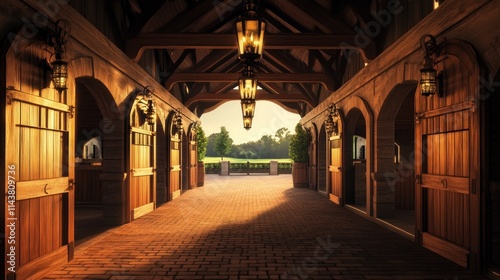 Sunlit equestrian stable interior with brick pathway.