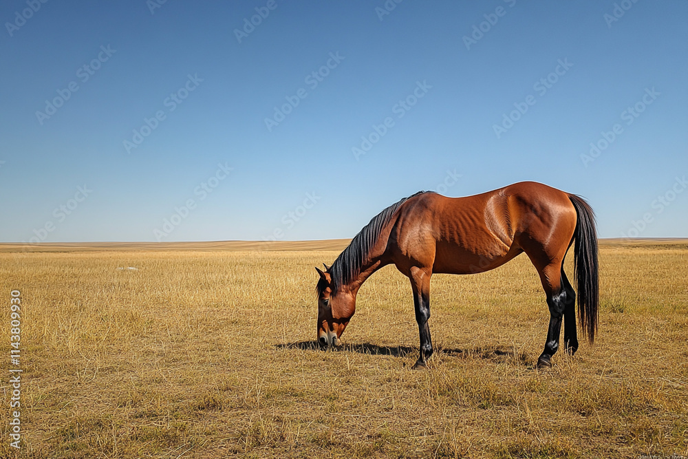 Obraz premium Brown horse grazing in wide-open meadow, clear skies