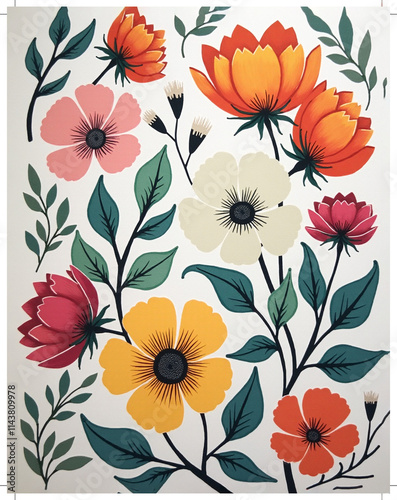 Vibrant floral illustration featuring a variety of flowers and leaves in a colorful and artistic arrangement.